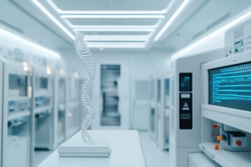 Advanced DNA Sequencing Equipment with Chromosome Model.  Advanced biotech lab background. copy space
