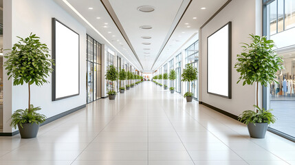 blank ad board stands in a busy shopping center or business mall, ready for customization or promotional content, surrounded by bustling shoppers and modern retail elements