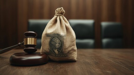 A courtroom with a gavel in one hand and a bag of money in the other, symbolizing justice compromised by bribery
