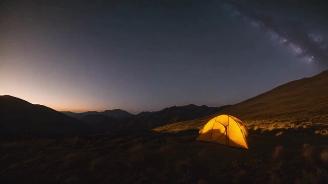 A vibrant yellow tent stands out against a backdrop of a starry sky in the mountainous terrain. The illuminated tent shines on the hills, providing a striking contrast to the night&rsquo;s dark mountain sil