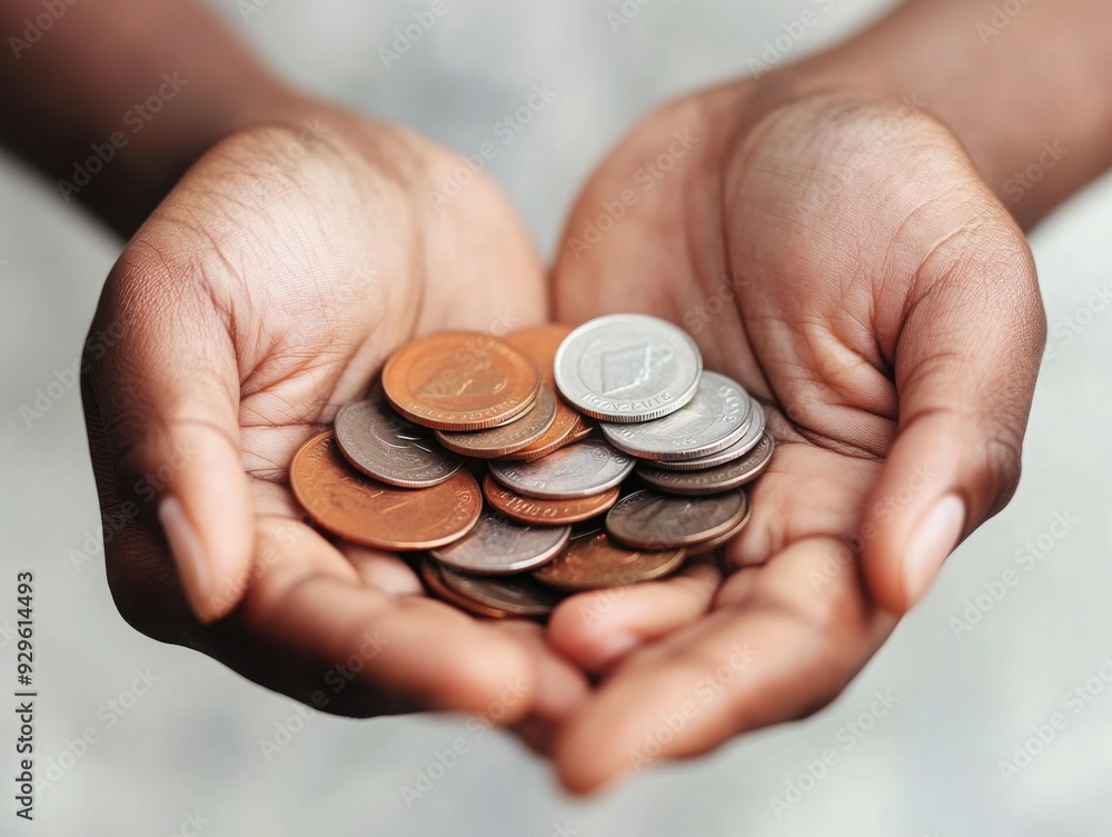 Poster hands receiving varying amounts of coins from a central source, symbolizing unequal income distribut