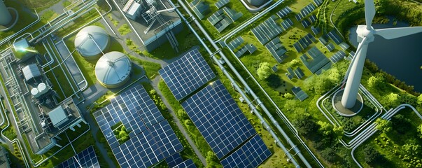 Obraz premium Aerial View of a Sustainable Energy Complex with Solar Panels and Wind Turbine