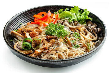 Stir Fry soba with shiitake mushrooms, broccoli, carrots, peppers close-up on a plate on the table.