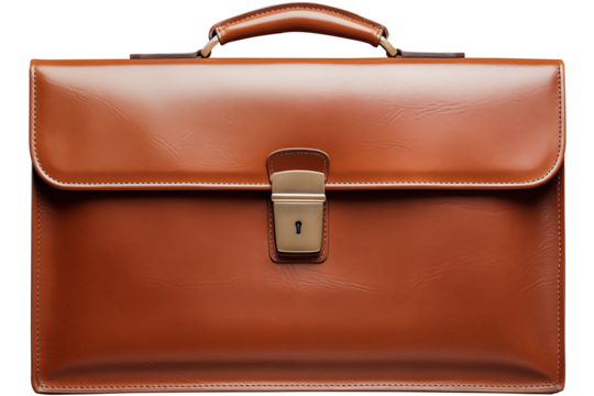 Close Up To a brown business briefcase PNG isolated on white and transparent background - Professional Leather briefcase Office bag for Businessman Business luxury accessories