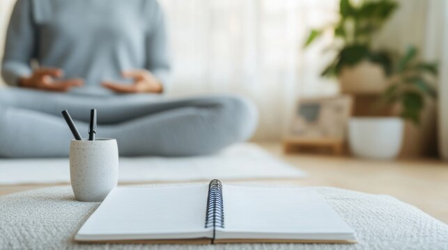 A serene yoga session at sunrise with a wellness journal and a balanced diet guide, highlighting the integration of balance and prevention into daily life