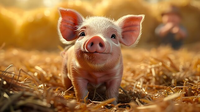A wallpaper featuring a piglet playing in a hay-filled pen, with a farmer smiling in the background 