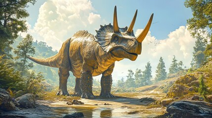 Fototapeta premium A Triceratops Dinosaur Stands on a Forest Path