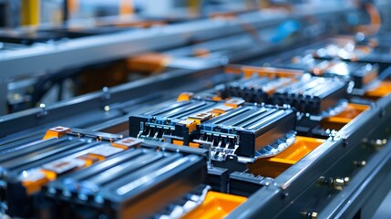 Mass production assembly line of electric vehicle battery cells close-up view