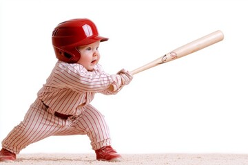 Tiny batter in red cap swings a wooden bat in playful anticipation during a sunny day