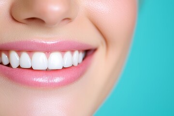 Obraz premium Bright and cheerful smile of a woman against a teal background during daylight