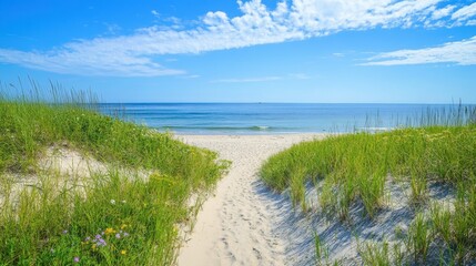 A serene beach path leading to calm waters under a clear blue sky.