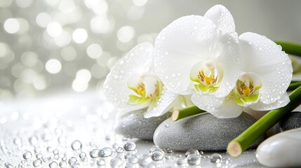 white orchid, smooth terrazzo, dew drops glistening in the light, creating a fresh, calm and elegant atmosphere. Blurred background