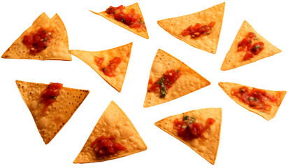Close Up To A Set Of delicious Mexican nachos chips PNG isolated on white and transparent background - Crispy Triangle nachos Chips with sauce Mexican snack