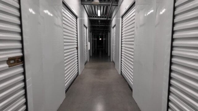 Footage of walking forward through a self-storage facility with motion-sensor lights activating overhead. Clean and orderly environment, lights turn on, revealing rows of metal roll-up doors.
