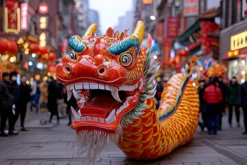 Obraz premium Vibrant dragon dance brightens the streets during a festive celebration in Chinatown