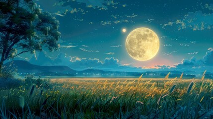 Fototapeta premium Full Moon Over Grassland and Distant Mountains