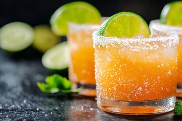 Fototapeta premium Colorful citrus cocktails with fresh lime garnishes on a dark countertop at sunset