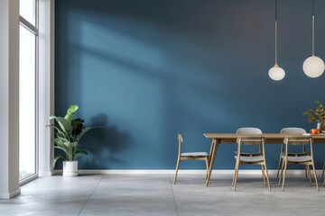 Contemporary Apartment Interior Design - Empty Living Room with Blank Blue Wall and Dining Room with Table and Chairs.