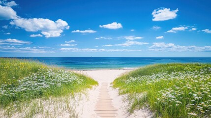 A serene beach pathway leads to a tranquil ocean under a bright blue sky.