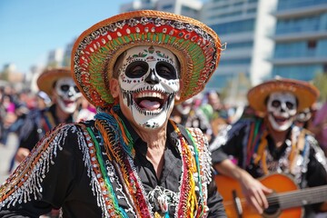 Fototapeta premium Colorful performers celebrate cultural traditions in vibrant parade during daytime festivities
