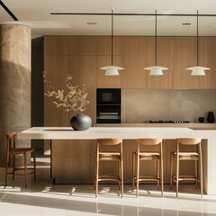Modern minimalist kitchen with island: sleek design includes dining table and chairs, creating a stylish and efficient home environment.