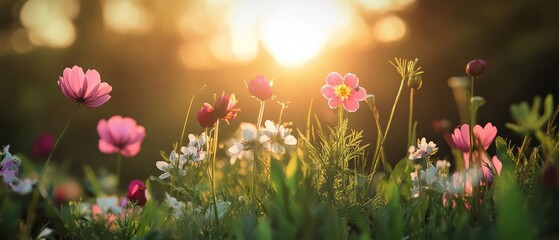 Fototapeta premium A vibrant real-life image capturing the essence of spring, with blooming flowers, fresh green foliage, and the lively atmosphere of nature awakening 