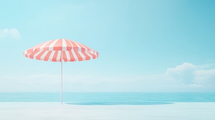 A red and white striped umbrella is on the beach