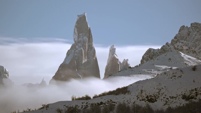 Timelapse of Cerro torre and Egger with Impressive rime mushrooms on their summits. Los Glaciares National Park, Patagonia.