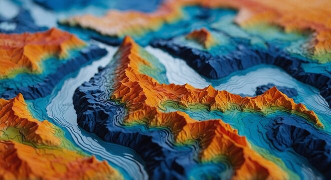 GIS geodata mapping concept featuring a detailed, layered terrain model with contour lines and elevation data. Ideal for geographic analysis and spatial data visualization.