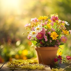 Naklejka premium A vibrant bouquet of colorful wildflowers in a terracotta clay pot sits on a rustic wooden surface in a sunlit garden.