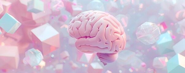 Pink 3D Brain with Geometric Shapes and Iridescent Background