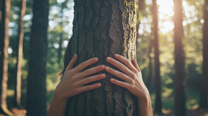 Woman hugging a tree in a forest