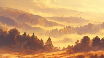 Beautiful Foggy Autumn Morning Over Hills with Misty Landscape