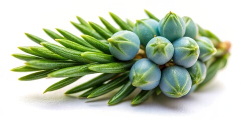 Fototapeta premium Close-up of a small, rounded, greenish-blue Juniperus communis flower bud with tiny scales, isolated on a pure white studio background.