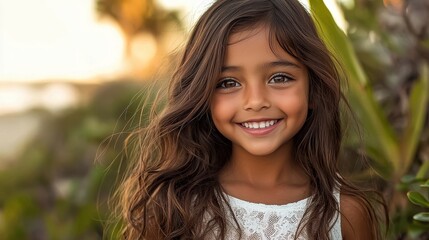 Obraz premium A happy girl with wavy hair smiles brightly against a green background, capturing joy and innocence in a serene outdoor setting.
