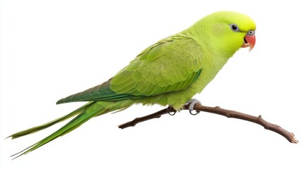 A vibrant green parakeet perched on a branch.