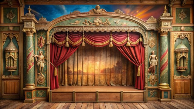 Vintage-style wooden puppet theater with intricately carved stage, ornate curtains, and hand-painted backdrop, awaiting the strings of a master puppeteer's artistry.