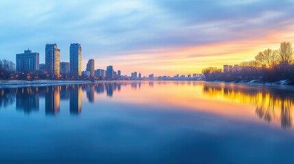 Obraz premium City skyline at dusk reflected in a calm river, blending the horizon with a symphony of colors
