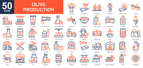 Olive Production icon collection set. Distribution, olive oil, harvest, manufacturing, marketing icon. Simple line color vector.