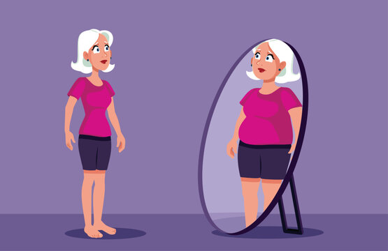 Woman Suffering from Eating Disorder Looking in the Mirror Vector Illustration. Sad slim woman with body dysmorphic disorder imagining herself in a different light 
