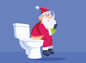 Santa Claus Sitting on the Toilet Checking His Phone Vector Cartoon. Funny Santa receiving many requests via text messages 
