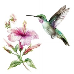Fototapeta premium A vibrant hummingbird hovering near a pink hibiscus flower, showcasing nature's beauty.