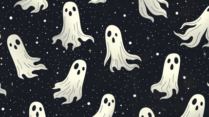 Fototapeta premium A repetitive seamless pattern with black background and white ghostmane cartoons. Cute seamless pattern of white ghostmane cartoons 