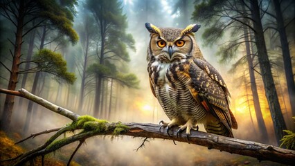 Obraz premium Majestic great horned owl perches on a misty forest tree branch, sharp talons grasping wood, intense yellow eyes gazing into the foggy wilderness landscape.