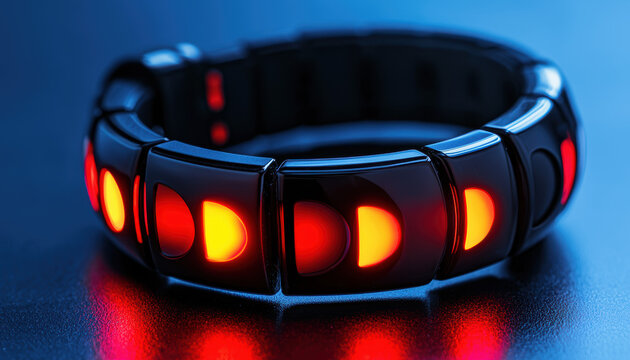 A bracelet with red and black lights on it