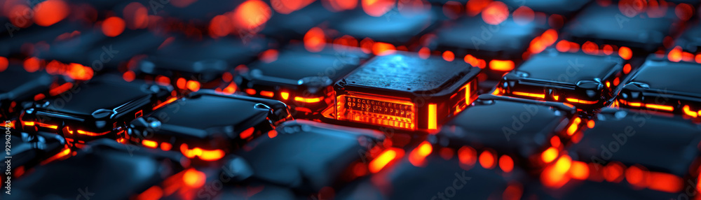 Poster a close up of a computer chip with a red light on it