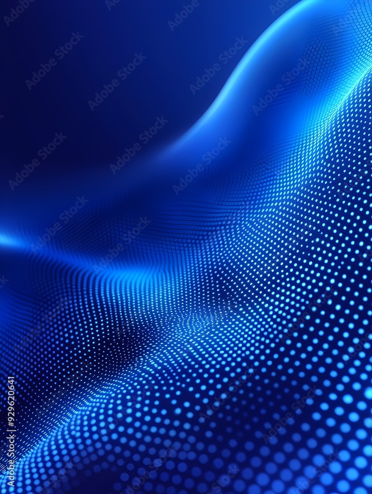 Poster futuristic blue digital wave composed of glowing dots, creating a dynamic and undulating technologic