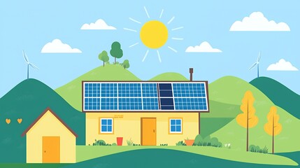 Naklejka premium Eco-friendly house with solar panels on the roof and wind turbines on green hills under a sunny sky.