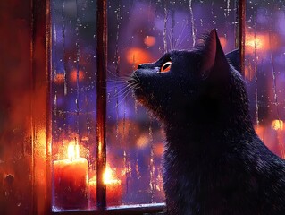 Black cat gazes at rainy window, silhouetted against warm candlelight and vibrant purple hues, creating a mystical and cozy atmosphere.