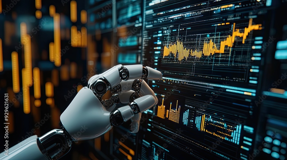 Poster robotic hand interacting with financial data on a computer screen